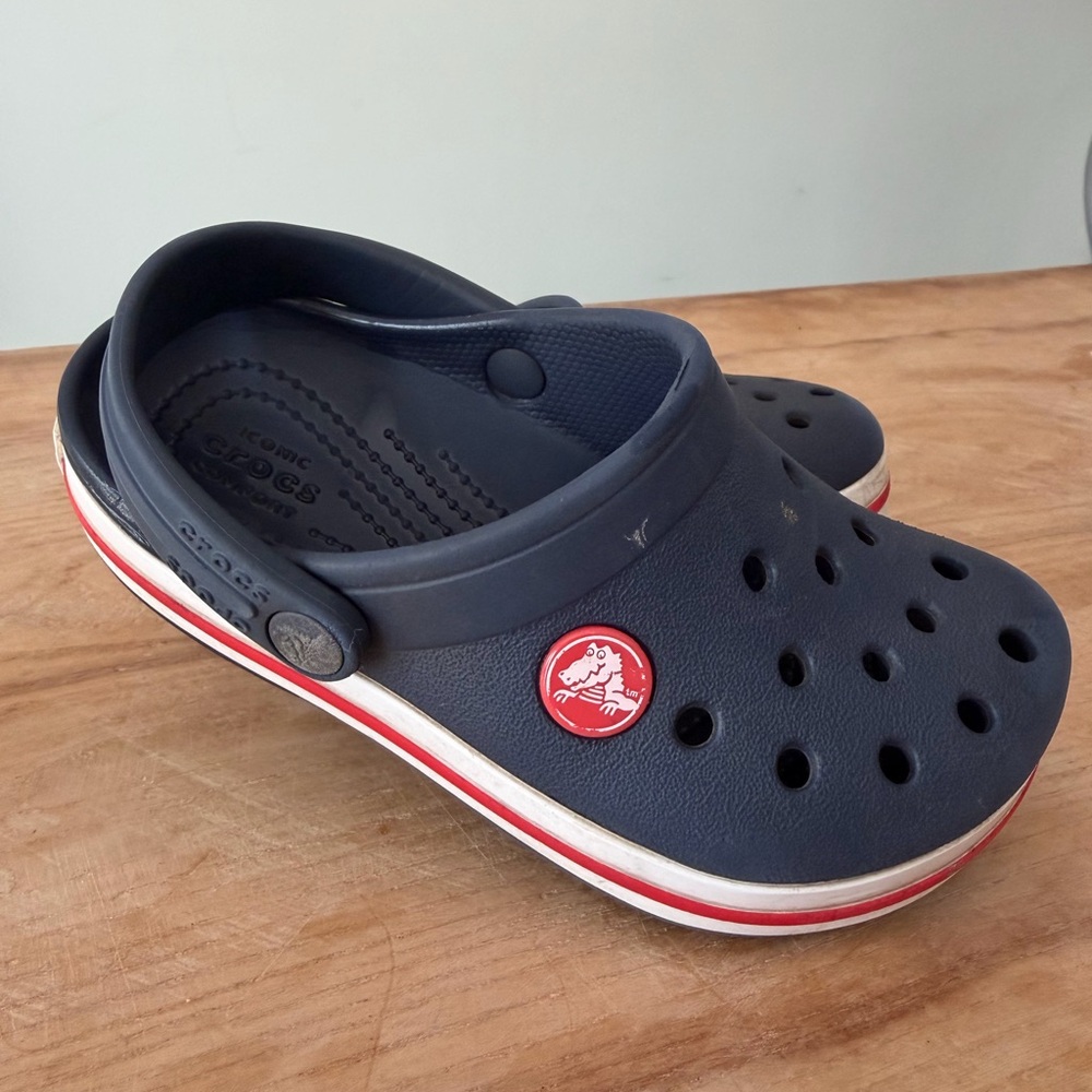 CROCS Kids Navy Blue Clogs with Red Stripe and Red Charm